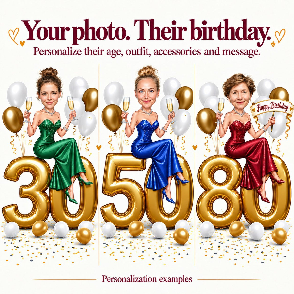 Three women personalized on gold numbers ages 30, 50, and 80 with champagne balloons.