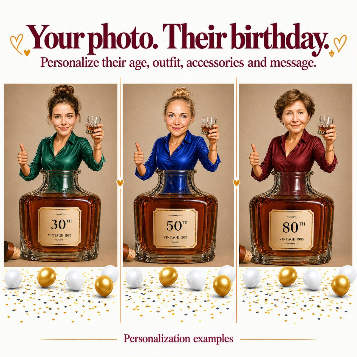 Three personalized whisky birthday caricatures with different faces and ages 30, 50, 80