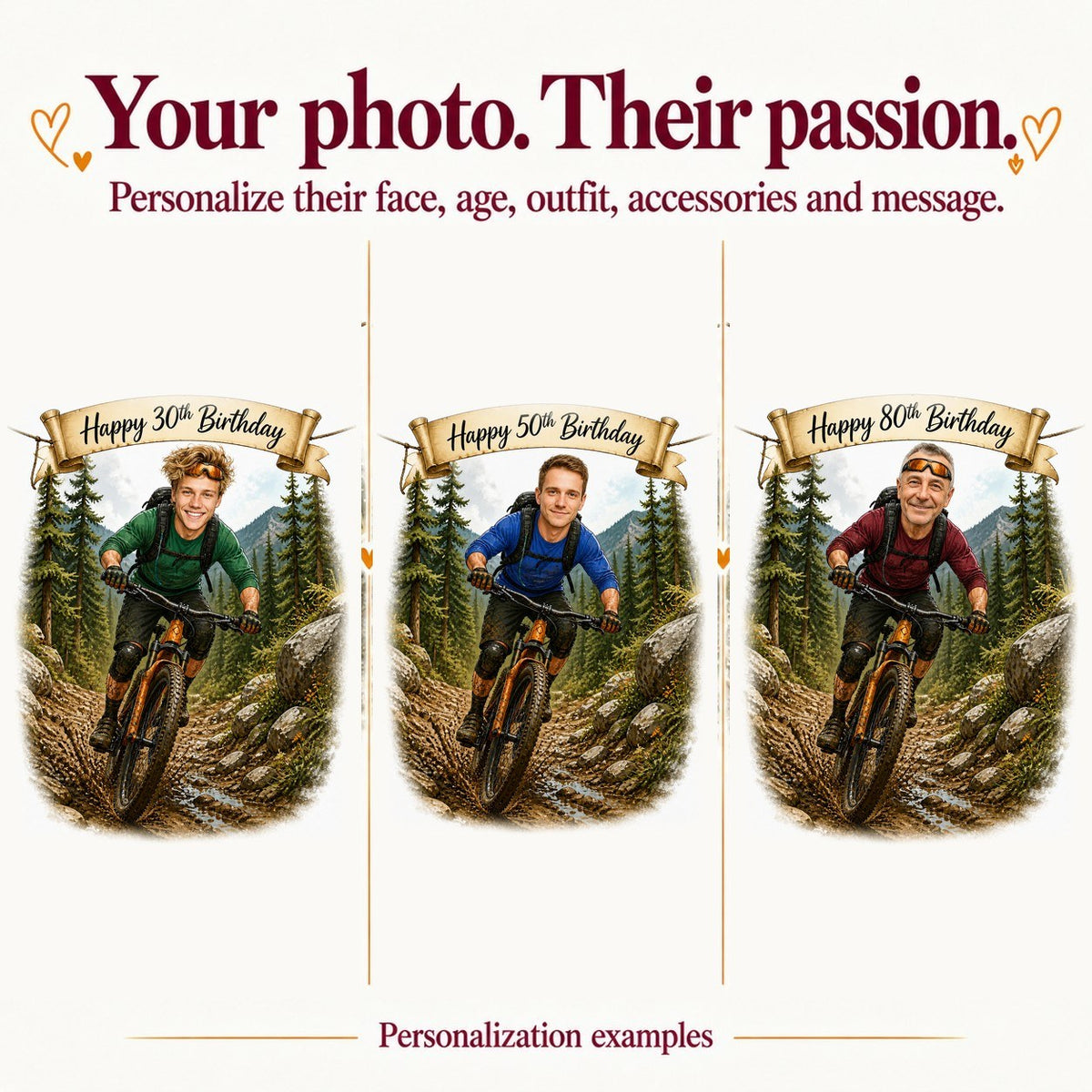 Three mountain biker caricatures with different faces and ages 30, 50 and 80 on banners.