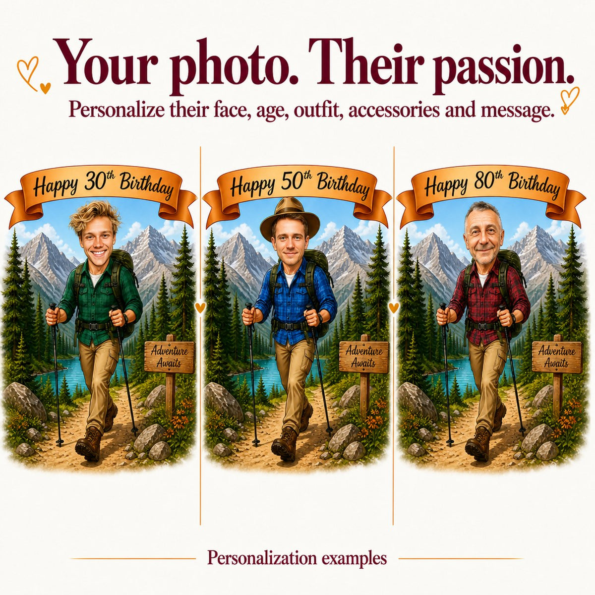 Three hikers personalized from photos with ages 30, 50 and 80, different faces and colors.