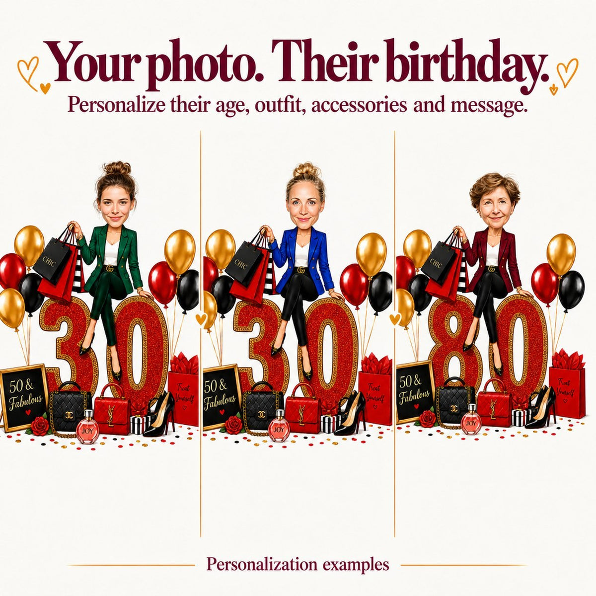 Three personalized versions with different faces and ages 30, 50, and 80.