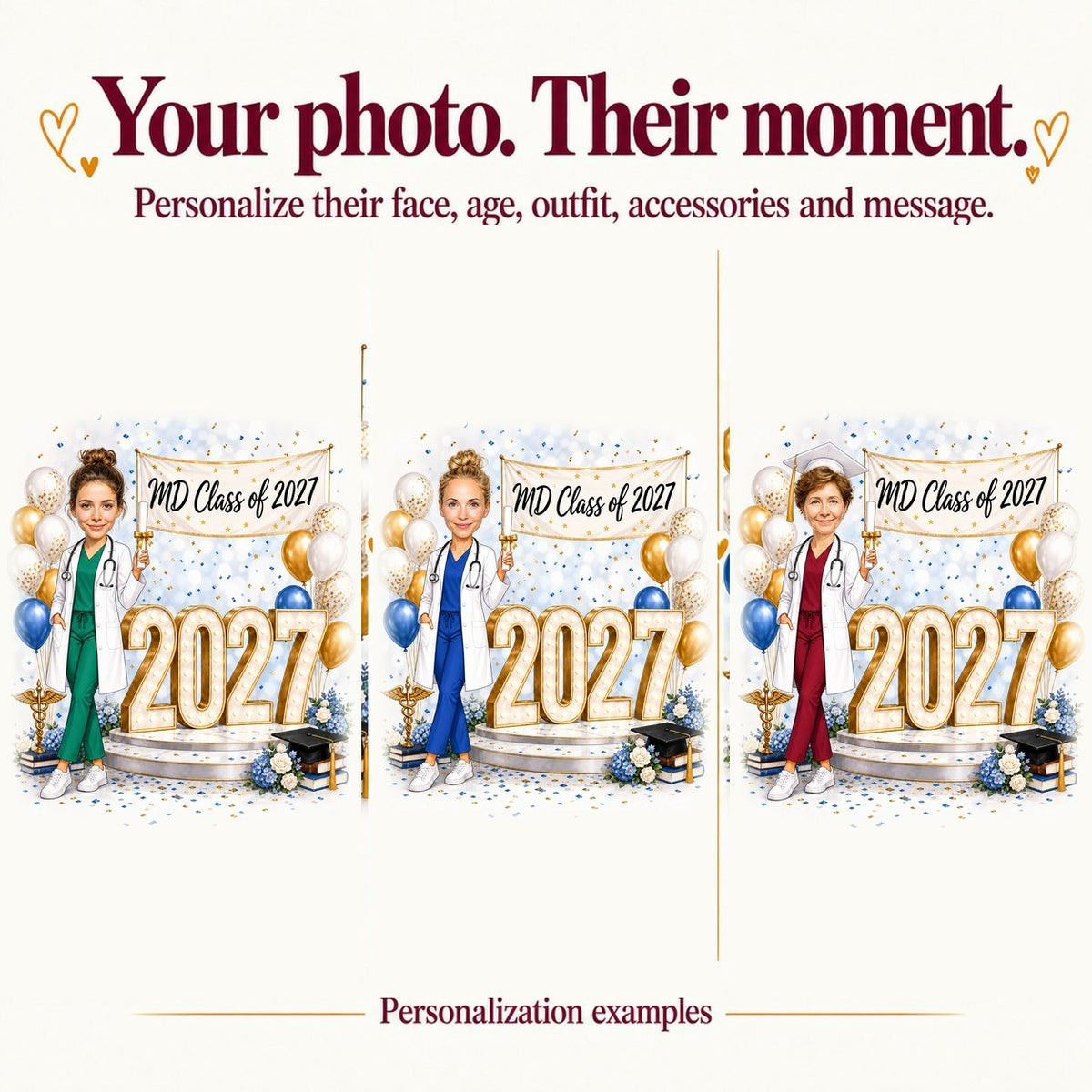 Three personalized MD graduate caricatures with different faces and coat, scrubs, and balloon colors.
