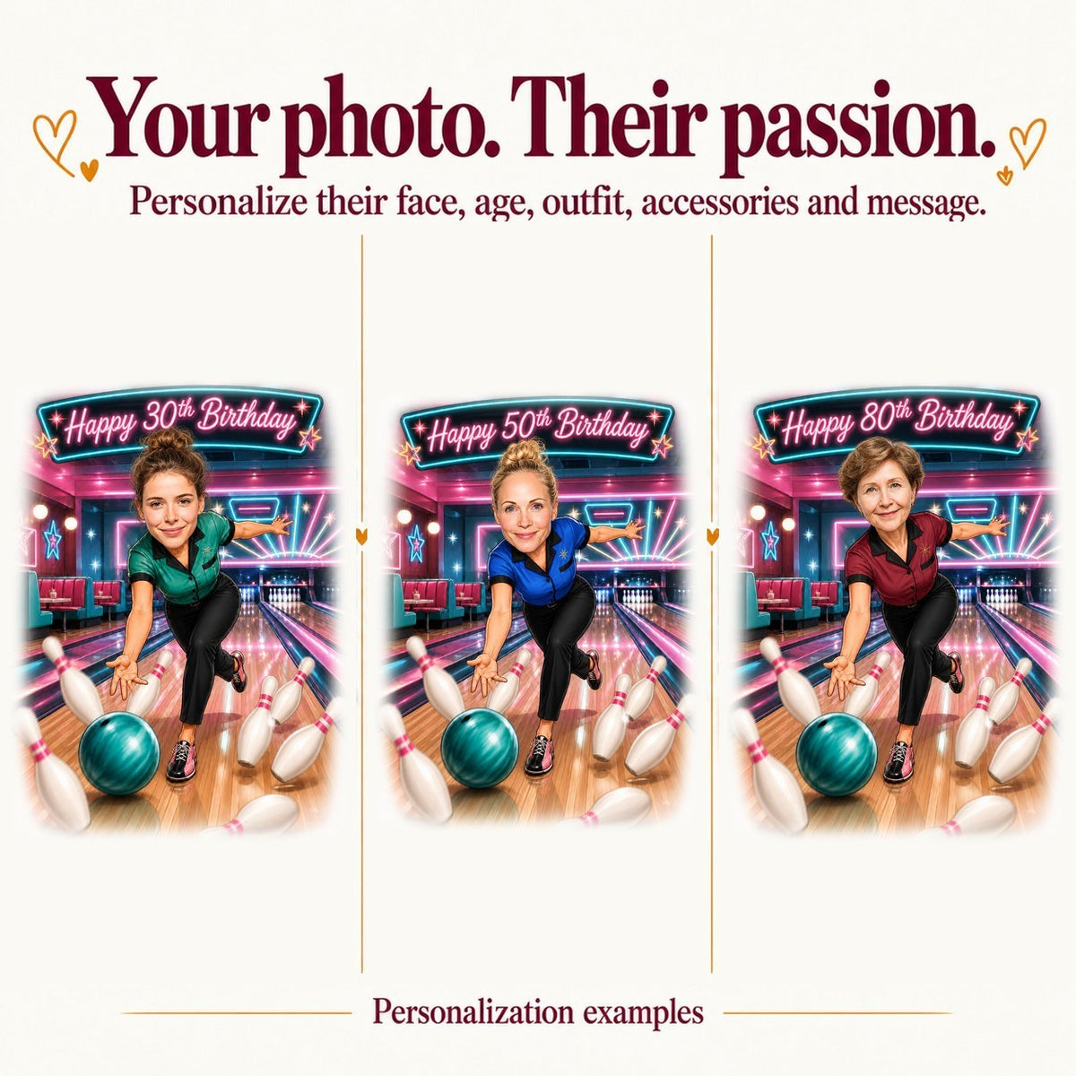 Three personalized bowling caricatures with different faces and ages 30, 50, 80