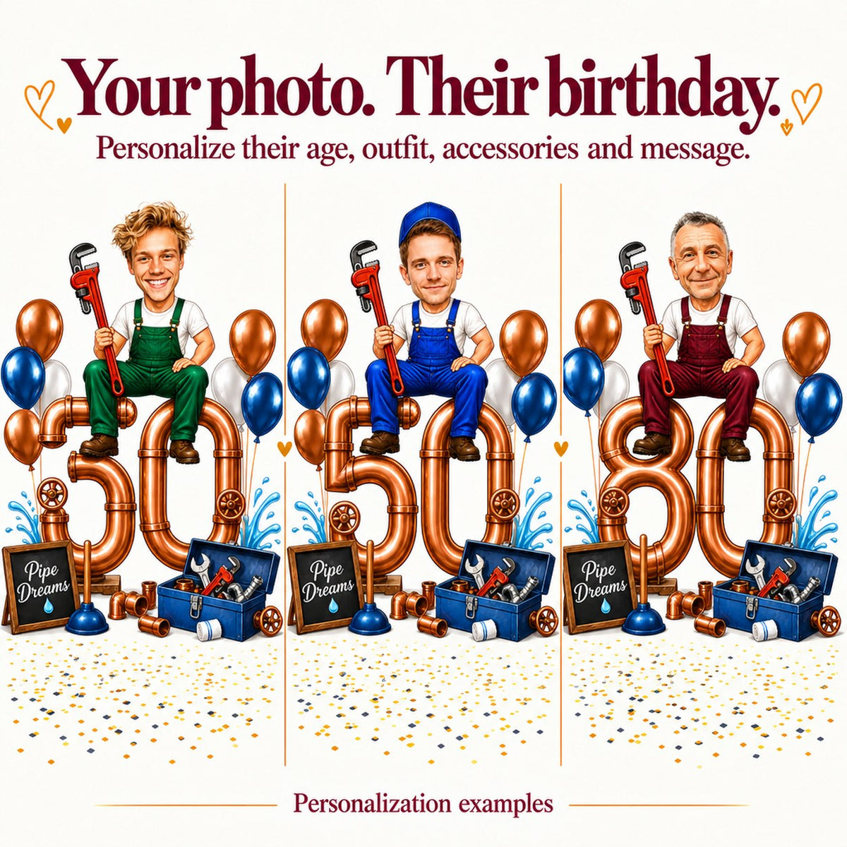 Three personalized plumber caricatures with different faces and ages 30, 50, 80